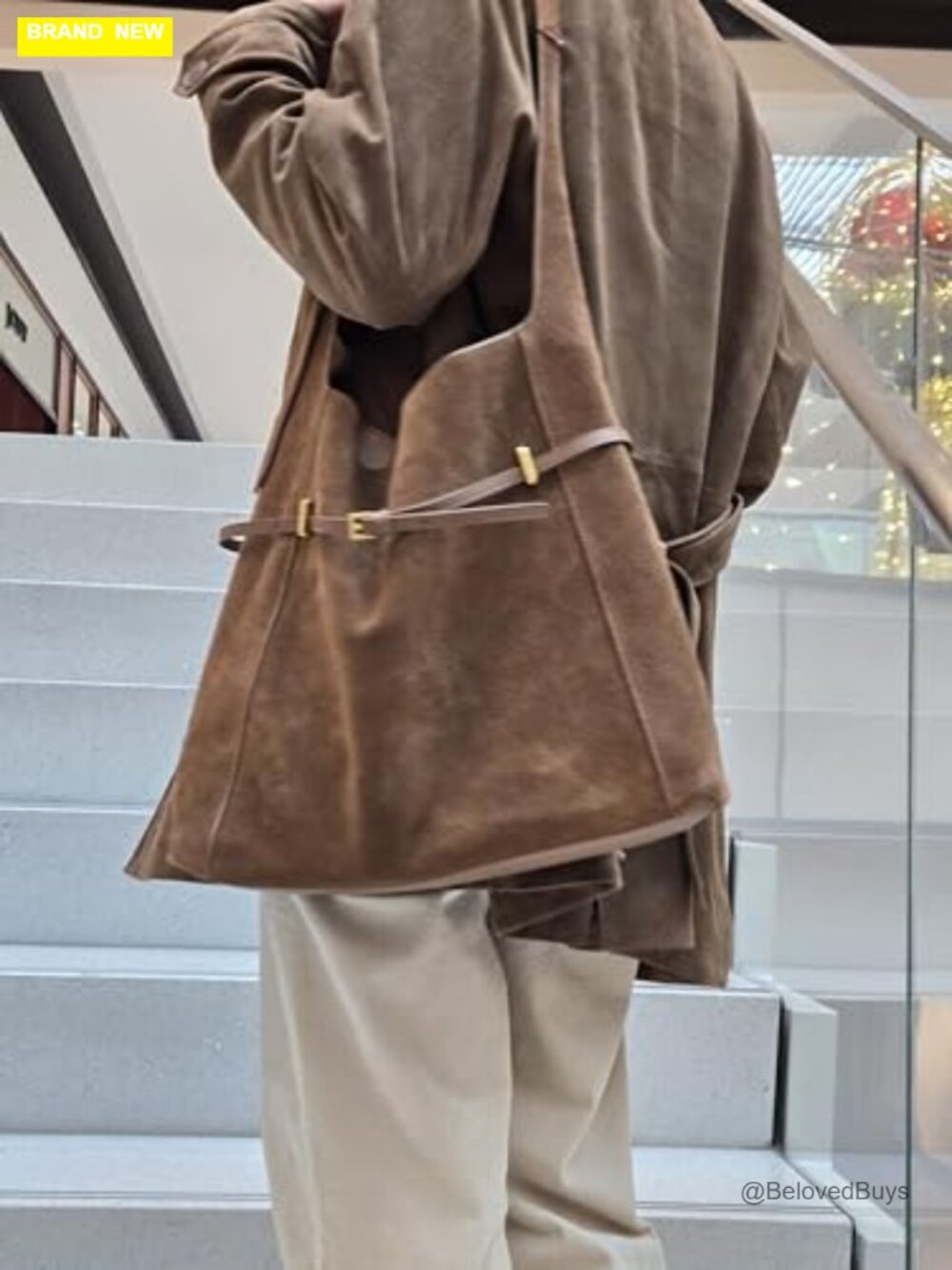 Genuine Suede Hobo Bag with Gold Hardware, Adjustable Strap, Inner Pouch - Picture 3 of 5